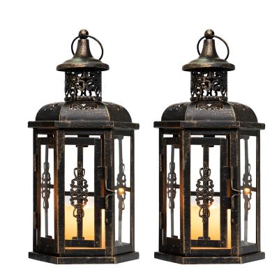 China Home Decoration JHY DESIGN Set of Two Candle Lantern Black Vintage Style Metal Decorative Hanging Candle Holder for Indoor Outdoor Holiday Decor for sale