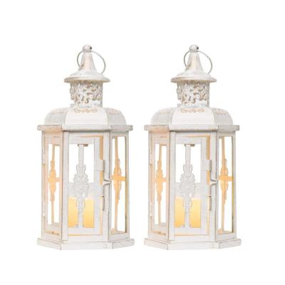 China Wedding White Metal Lantern Hanging Candle Holder Home Decor Vintage Decorative Moroccan Style Candle Lanterns Set of 2 for sale