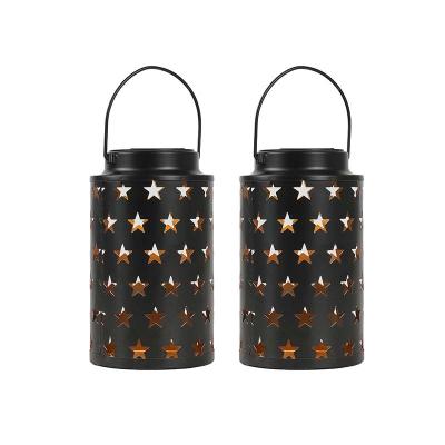 China Unique 2 Pack Solar Lantern Garden Star Design Lights Table Lamp Outdoor Hanging Garden Lamp Metal Solar Powered Lantern with Handle for sale