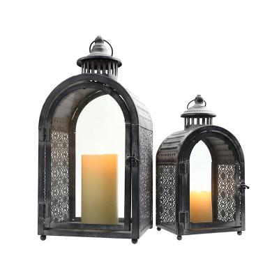 China Home Yard Wind Metal Decoration Iron Light Glass Candle Holders Garden Candlestick Wind Lamp Landing Candle Lantern for sale