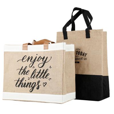 China Hot Sale Reclycled Burlap Tote Reusable Burlap Bags Jute For Wedding Favors With Sturdy Handle for sale