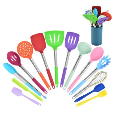 China Sustainable High Quality Silicone Kitchenware Steak Frying Spatula 15 Pcs Rainbow Kitchen Accessories Cookware Sets Stainless Steel for sale