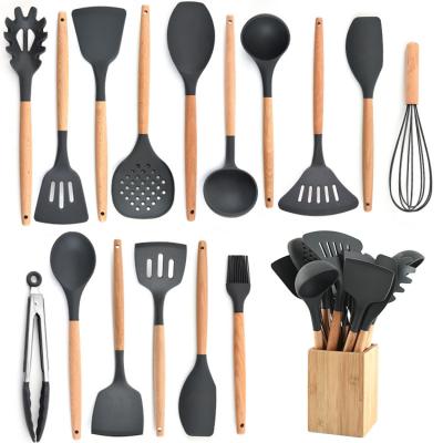 China Amazon Sustainable Success Bpa Free Silicone Kitchen Utensils Wooden Chef Set Cooking Tools For Nonstick Cookware for sale