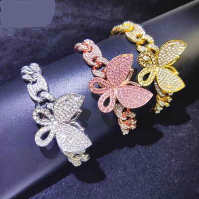 China New summer punk iced out women jewelry rhinestone link chain butterfly charm anklet bling cuban bracelet for sale