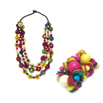 China BOHEMIA Handmade Coconut Wood Necklace Bracelet Sets Multicolor Round Beaded Statement Choker Jewelry Set for sale