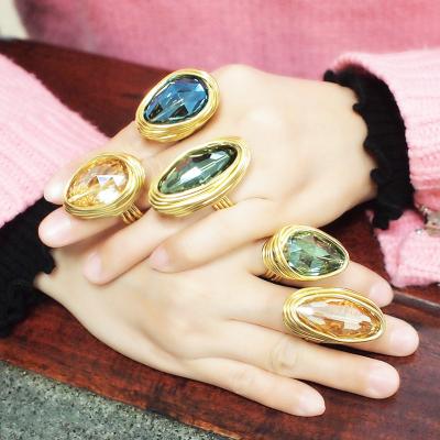 China Handmade Vintage Multi Styles Large Stone Rings Gold Plated Metal Statement Rings Engagement Wire Beads Helical Jewelry Party Accessory for sale