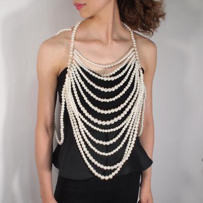 China Fashion Trendy Multilayer Pearl Body Chain Tassel Beaded Pendants Pearl Collar Necklaces Statement Overdone Sexy Body Jewelry for sale