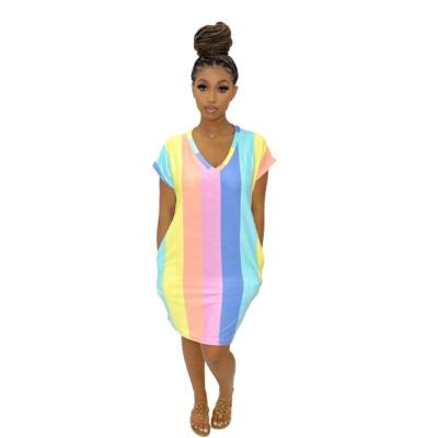 China 2021 Summer Style V Neck Breathable Rainbow Dress Soft Striped Casual Dress For Women Clothing Dress Shirts for sale