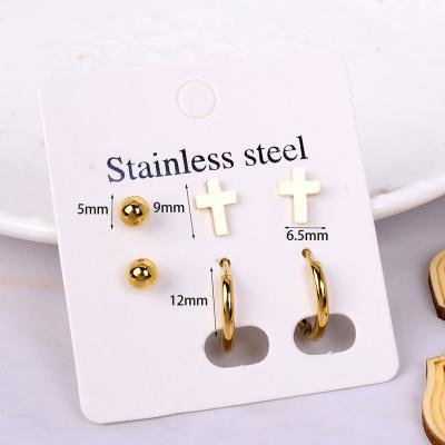 China TRENDY 3 Pairs/Set Stainless Steel Women Stud Earring Sets Cross Star Moon Butterfly Dragonfly Girls Round Small Circle Piercing Earring for sale