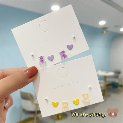 China New Korean Cute Dreamy Purple Bear Stud Earrings For Women Girls Shape Simple Love Heart Animal Earrings Set Student Jewelry for sale