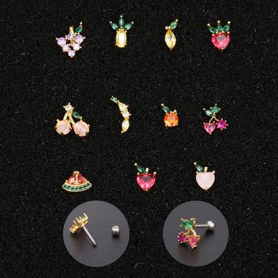 China 20g Rainbow CZ Zircon Crystal Fruit Small Cartilage Stainless Steel Tragus Conch Bar Back Ear Piercing Punk Cute Screw Stud Earring for sale