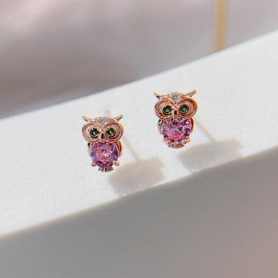 China TRENDY Rose Gold Color Pink Crystal Ear Studs Vintage Mini Cute Owls Shape Stud Ear Studs For Women Girls Fashion Piercing Jewelry for sale