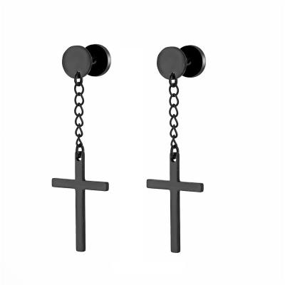 China FASHIONABLE Men's Stainless Steel Barbell Punk Dangle Drop Earrings Black Cross Chain Earrings Fashion Street Bar Simple Flat Back for sale