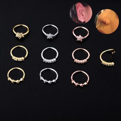 China 1pcs Punk Copper Pierced Septo Nose Septum Rings Zircon Flower Ear Studs Cartilage Tragus Circle Ear Helix Piercings Body Jewelry for sale