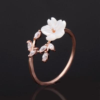 China FASHIONABLE Cute Zircon Crystal Leaf Shell Flower Ring for Women Ladies Girls Rose Gold Romantic Shell Jewelry Open Rings Size Adjustable for sale