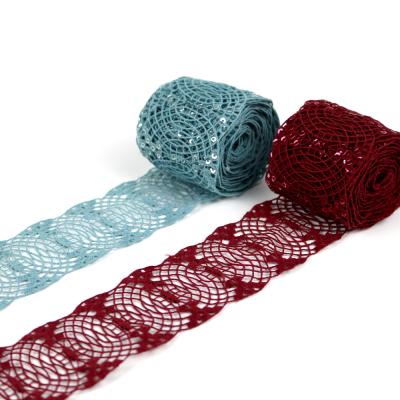 China 3D Embroidery Elastic Lace Trim Wide Stretch Sequin Lace Trim With Beads for sale