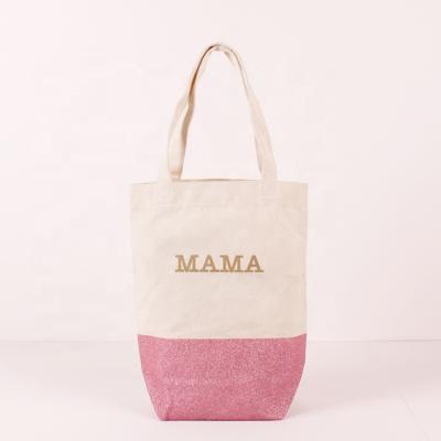 China Portable Custom Glitter Printed Natural Mom Fashion Canvas Cotton Shopping Tote Folding Shoulder Bags With Bottom for sale