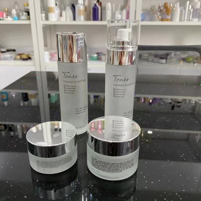 China Personal Care Cosmetic Packaging Frosted 30ml 50ml Matte Silver Glass Lotion Bottle And Jar Pump Bottle for sale