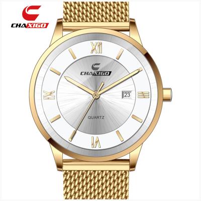 China Simple Fashion Chaxigo Men's Day/Date Milan Band Quartz Watch Band Date Stainless Steel Case Waterproof Watch for sale