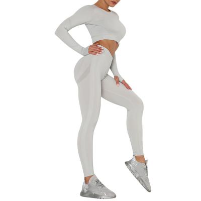 China Simple Elegant Lovely Lightweight Anti-UV Gray Running Suit Seamless Women Yoga Two-Piece Outfits for sale