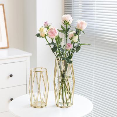 China American Style Metal Glass Flower Vase Hand-plated Geometric Modern Glass Vases For Flowers Rose Centerpieces for sale