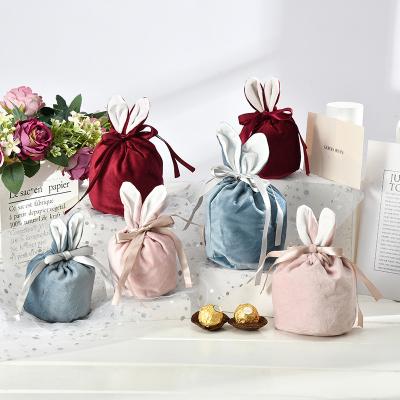 China Bunny Ear Plush Wedding Drawstring Favors Treat Pockets Bunny Rabbit Ears Basket Candy Gift Velvet Easter Bag for sale