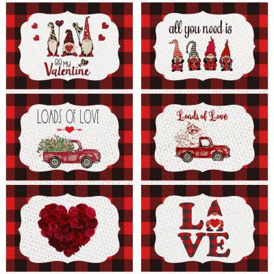 China Buffalo Plaid Valentine's Day Place Mat Viable Gnomes Love Heart Shape Rose Table Mat for Dining Table 17 x 13 inches for sale