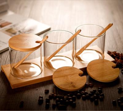 China Spice Glass Jar Set Spice Condiment Serving Jars Set Of 3 With Bamboo Lids And Spoons Glass, Clear Containers For Kitchen, Glass Canisters Condiment for sale