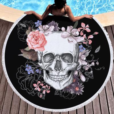 China TWILL Wholesale Microfiber Skull Beach Towel With Tassel High Quality Floral Round Beach Blanket 470g 59inch for sale