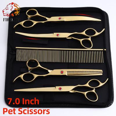 China Professional Small Animals 7.0 Inch Stainless Steel 6CR Curved Pet Cat Dog Kit Grooming Scissors Thinning Set for sale