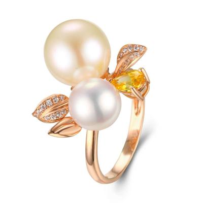 China CZ Cultured Double Pearl Engagement / Wedding Rings , Real Pearl Ring Gold for sale