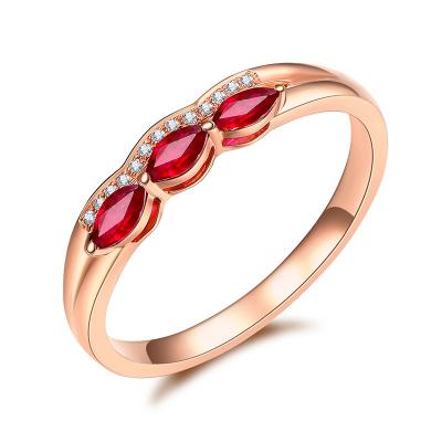 China Genuine 3 Stone Ruby And Diamond Ring , Small Ruby Ring With Rose Gold  for sale