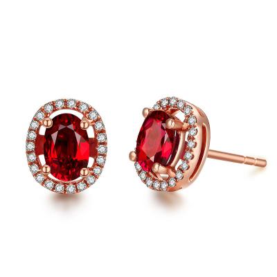 China Red Gemstone Gold Jewelry Oval Ruby Diamond Stud Earrings In Rose Gold for sale