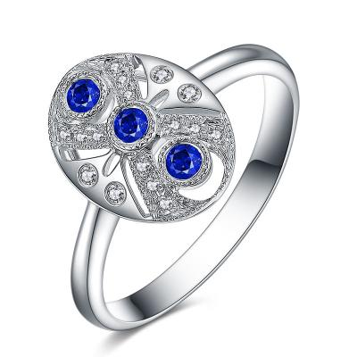 China Real Blue Sapphire Diamond Ring With Three Stone White Gold Vintage Style for sale