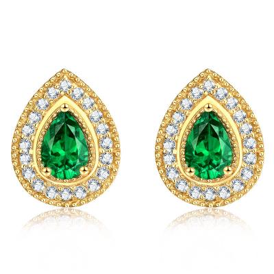 China Real Diamond Gemstone Jewelry Pear Shaped Emerald Stud Earrings for sale