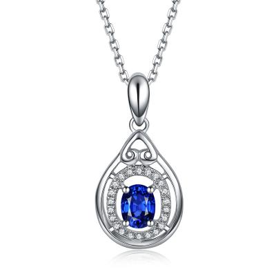 China Womens White Gold And Single Sapphire Necklace Pendant , Blue Sapphire Stone Necklace for sale