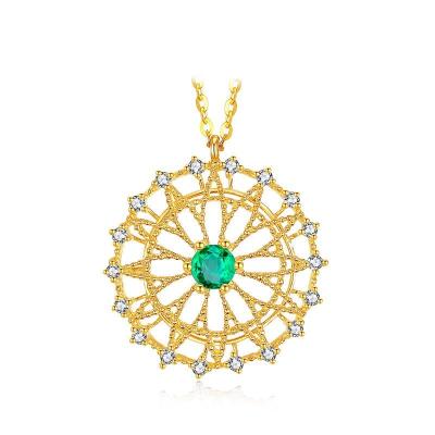 China Round Shape Emerald Pendant Necklace Yellow Gold Surrounded Diamonds for sale