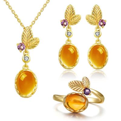 China Dangle Earrings Oval Citrine Jewelry Set 925 Sterling Silver Gemstone Pendant Necklace for sale