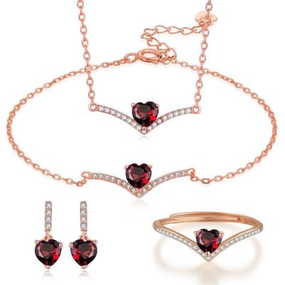 China Sterling Silver Natural Garnet Jewelry Set Chain Necklace Bracelet Ring Earrings for sale