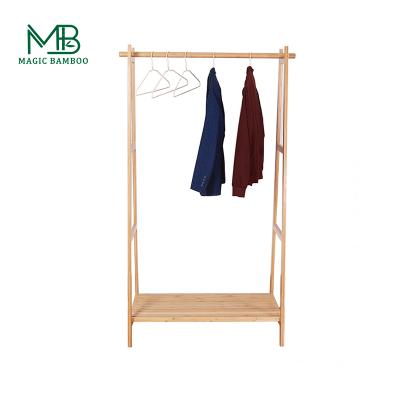 China Sustainable Bamboo Hanger With Shoe Rack Shelves Coat Rack Hanger Standing Clothes Hanging Rack for sale