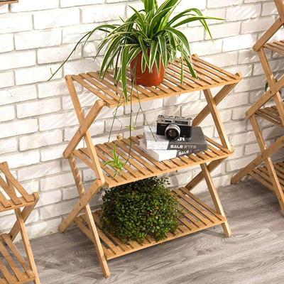 China Wooden Bamboo Shelf Flower Potted Plant Indoor Outdoor Bamboo Rack 3 Tier Storage Home Organizer Viable Bamboo Rack for sale