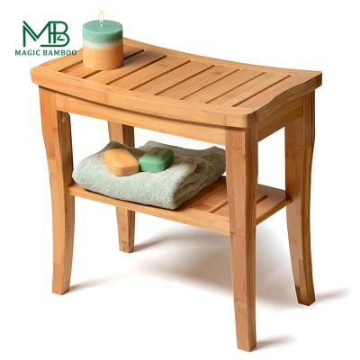 China Eco-friendly Storage Chair Shelf Storage Bench 2-Tier Bamboo Shower Bench Bath Stool For Bathroom for sale