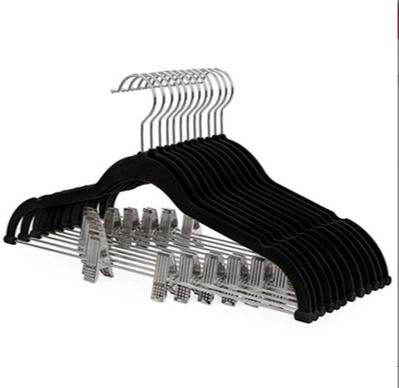 China Durable Non-Slip Assembled Space Saving Clothes Hangers Velvet Pants Hangers With Mental Clips for sale