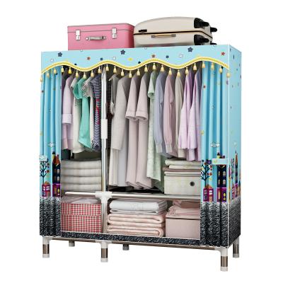 China (Other) 105cm Long Adjustable Portable Kids Wardrobe Assembled Canvas Fabric Storage Cabinet Foldable Wardrobe With Green Floral Cover for sale