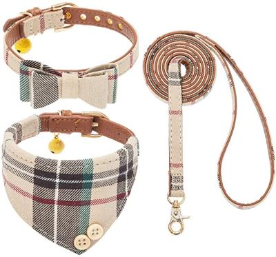 China Custom Viable Plaid Pattern Cotton and Leather Dog Bandana with Collar and Leash Set for sale