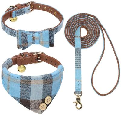 China Custom Viable Blue Plaid Design Leather Leash for Dog Collar with Cotton Bell and Bandana Set for sale