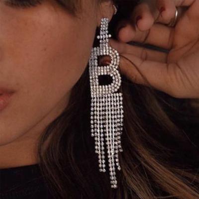 China FJ Cute Full Diamond 26 English Alphabet Letter Earrings Shape Long Shiny Tassel Stud Earrings for sale