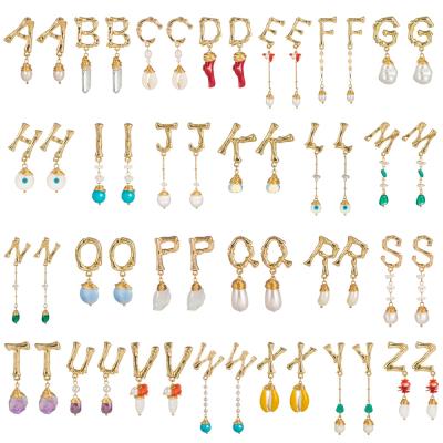 China FJ 26 Cute English Letter Earrings Natural Stone Pearl Shell Earrings Jewelry for sale