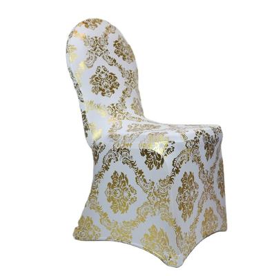 China Simple Wholesale Luxury Stretch Spandex Glod Aluminum Printing Chair Seat Covers For Wedding Party Banquet Dining for sale