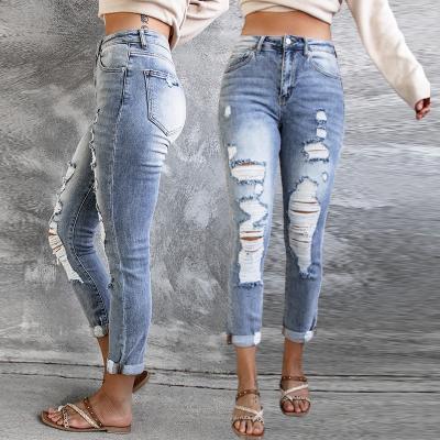 China Breathable Street Style Sky Blue Casual High Waist Distressed Skinny Jeans Womens Trousers Denim Pants for sale